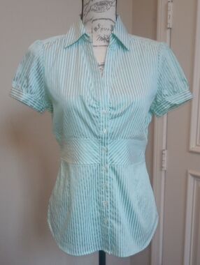 Price🔽New York & Company Short-Sleeve Mint Striped Button-Front Shirt